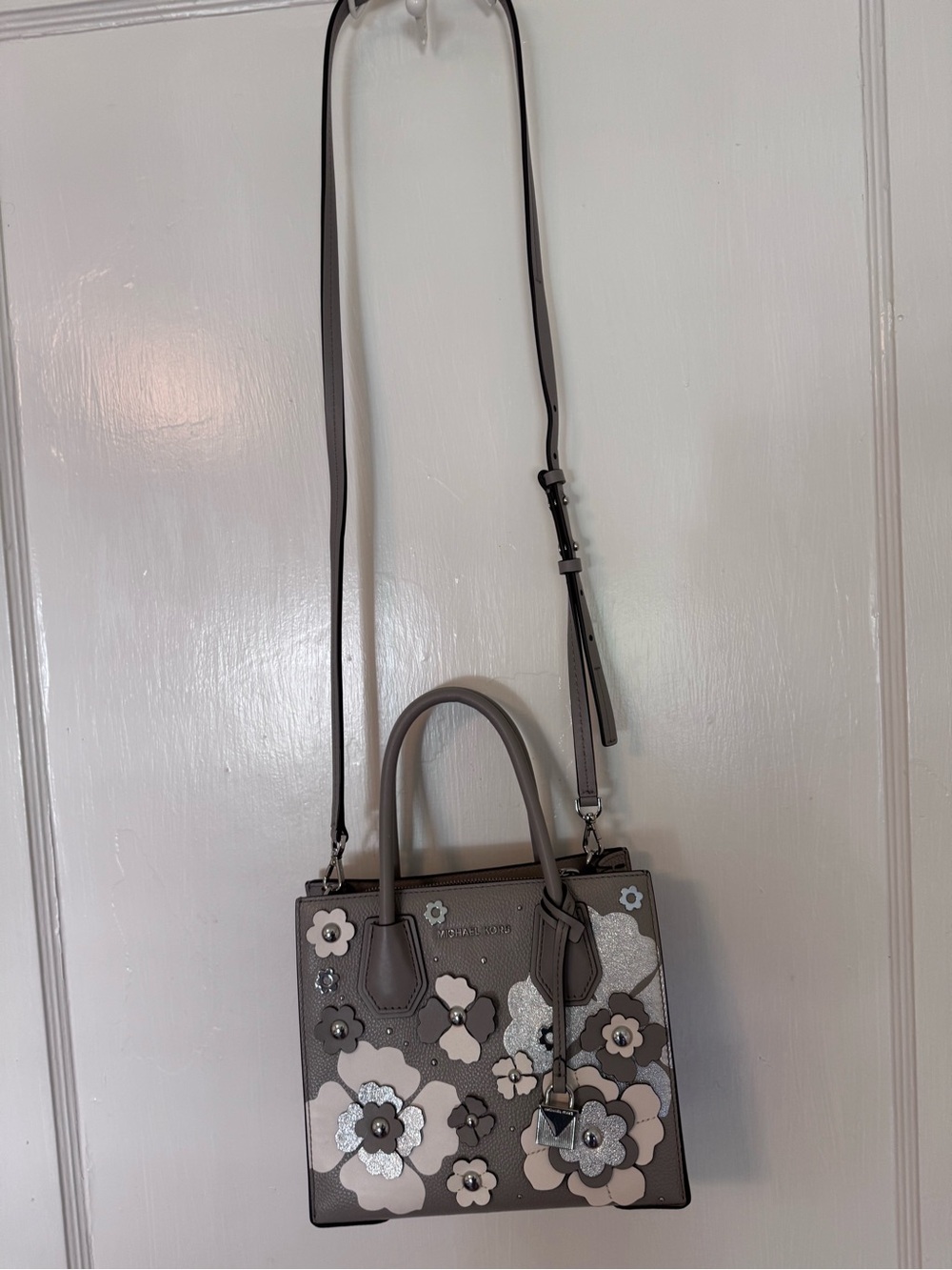 Michael Kors gray floral appliqué satchel with cream and silver accents